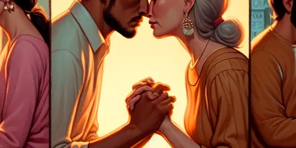 A triptych illustrating the emotional spectrum of adult relationships: romance, tension, and everyday interactions.