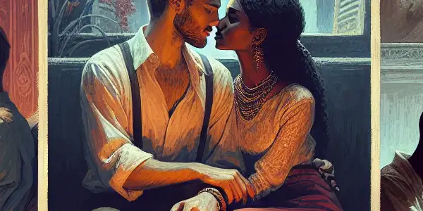 A triptych illustrating the emotional spectrum of adult relationships: romance, tension, and everyday life.