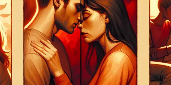 A triptych illustrating romance, tension, and everyday life in adult relationships through emotional interactions.