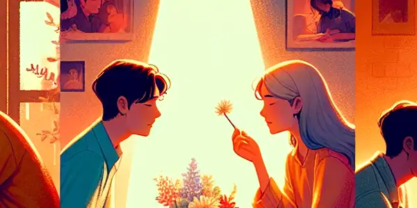 A triptych depicting the emotional spectrum of adult relationships: romance, tension, and everyday interactions.