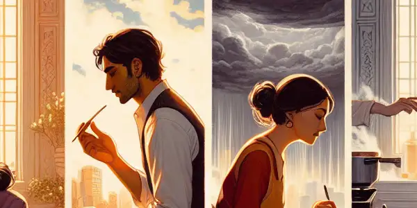 A triptych depicting the emotional spectrum in adult relationships: love, conflict, and everyday connection.