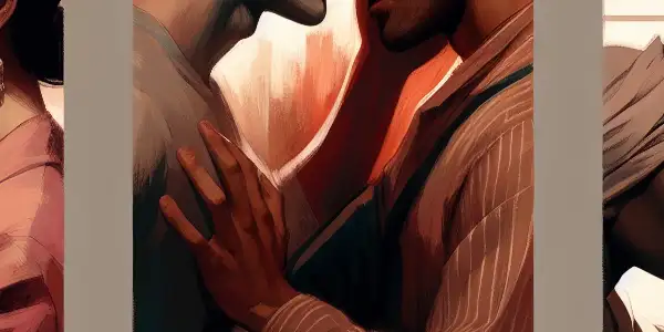 A triptych illustrating the emotional spectrum of adult relationships: romantic passion, tense dominance, and everyday interactions.