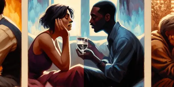 A triptych depicting the emotional journey of adult relationships: romance, conflict, and everyday companionship.