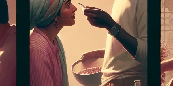 A triptych depicting romance, tension, and everyday interactions in adult relationships.