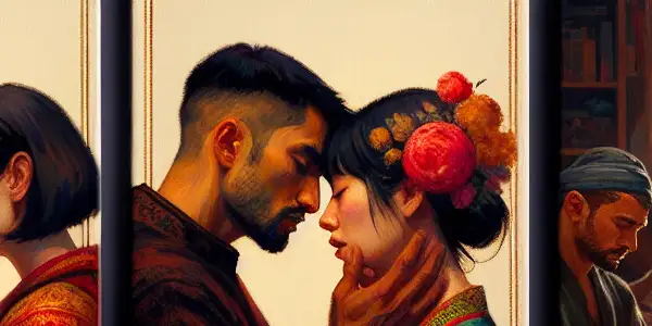 A triptych illustrating the emotional journey of adult relationships: romance, conflict, and everyday life.