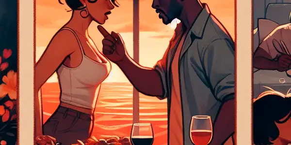 A triptych illustrating the emotional journey of adult relationships: passionate love, conflict, and everyday companionship.