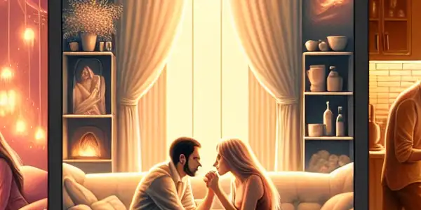 A triptych illustrating the emotional spectrum of adult relationships: romance, tension, and everyday interactions.