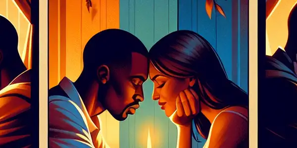 A triptych illustrating the emotional spectrum of adult relationships: romance, conflict, and everyday intimacy.