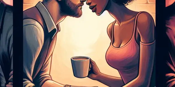 A triptych illustrating the emotional spectrum of adult relationships: warmth, conflict, and everyday companionship.