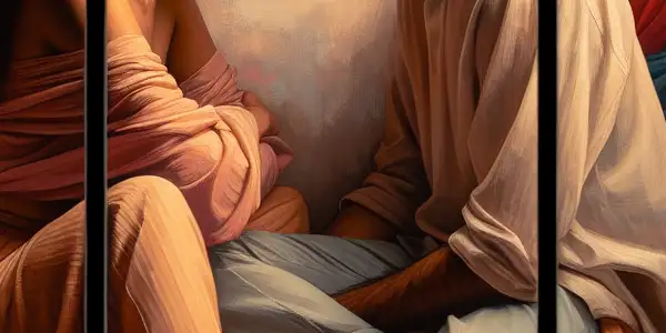 A triptych illustrating the emotional spectrum of adult relationships: romance, conflict, and everyday life.