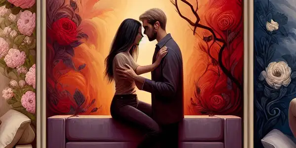 A triptych illustrating the emotional spectrum of adult relationships: romance, conflict, and everyday life.