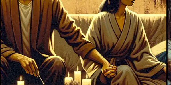 A triptych illustrating the emotional spectrum of adult relationships: romance, tension, and everyday interactions.