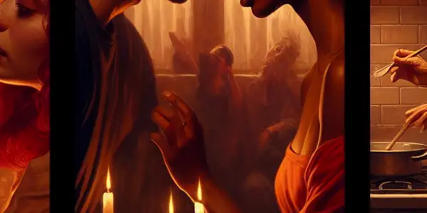 A triptych illustrating romance, tension, and everyday interactions in adult relationships.