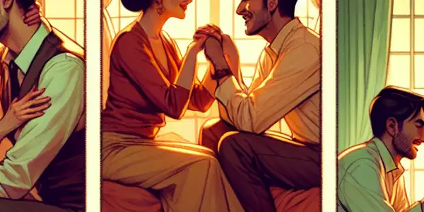 A triptych depicting the emotional spectrum of adult relationships: romance, tension, and everyday interactions.