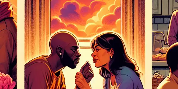 A triptych depicting the emotional spectrum in adult relationships: romance, conflict, and everyday interactions.