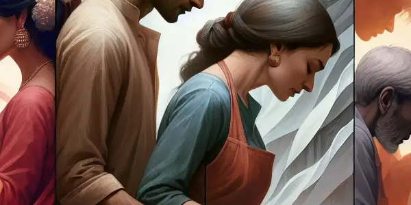 A triptych illustrating the emotional spectrum of adult relationships: passion, conflict, and everyday companionship.