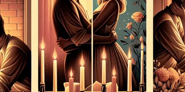 A triptych depicting the emotional spectrum of adult relationships: romance, tension, and everyday interactions.