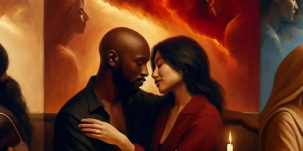 A triptych illustrating the emotional spectrum of adult relationships: romance, conflict, and everyday companionship.