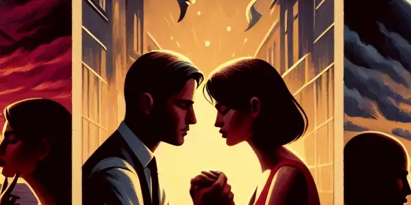 A triptych illustrating the emotional spectrum of adult relationships: romance, conflict, and everyday life interactions.