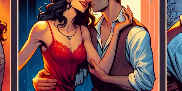 A triptych illustrating the emotional journey of adult relationships: romance, conflict, and everyday life moments.