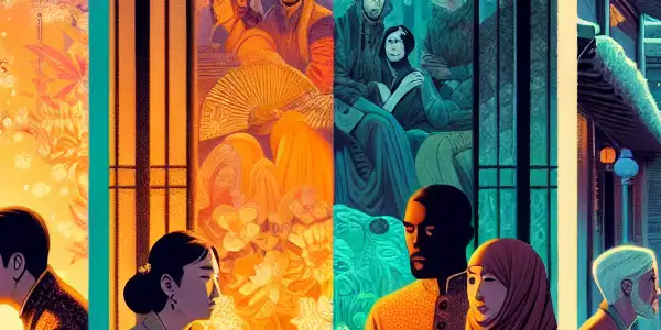 A triptych illustrating the emotional spectrum of adult relationships: romance, conflict, and everyday life.