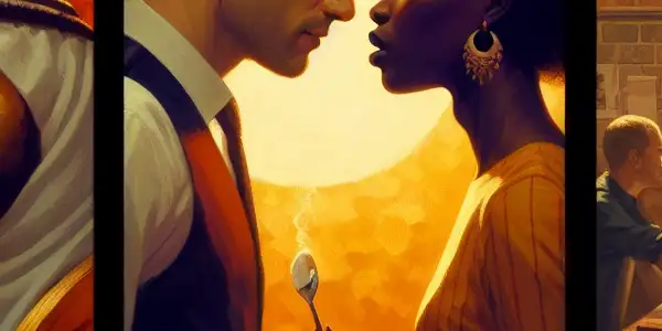 A triptych depicting romance, tension, and everyday interactions in adult relationships.