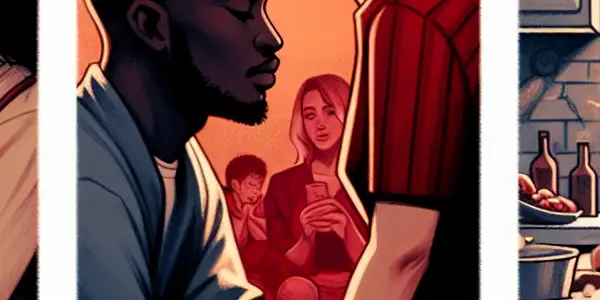 A triptych illustrating the emotional spectrum of adult relationships: romance, conflict, and everyday interactions.