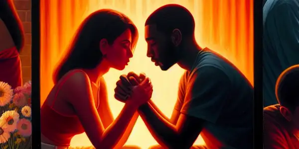 A triptych illustrating the emotional spectrum of adult relationships: romance, tension, and everyday interactions.