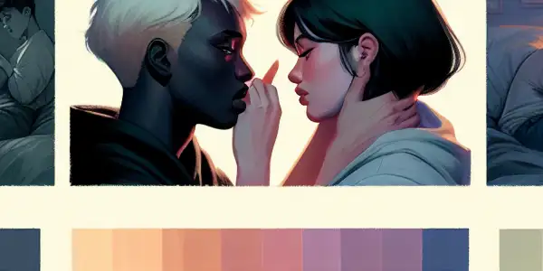 A triptych illustrating the emotional spectrum of adult relationships: romance, conflict, and everyday interactions.