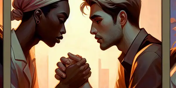 A triptych illustrating the emotional journey of adult relationships: romance, tension, and everyday interactions.