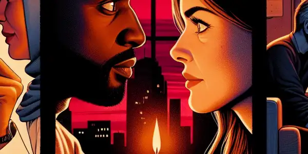 A triptych depicting the emotional spectrum of adult relationships: romance, tension, and everyday interactions.