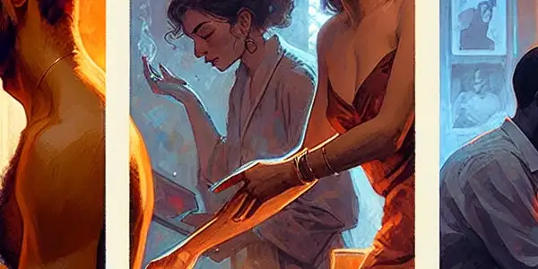 A triptych illustrating the emotional spectrum of adult relationships: romance, conflict, and everyday life.