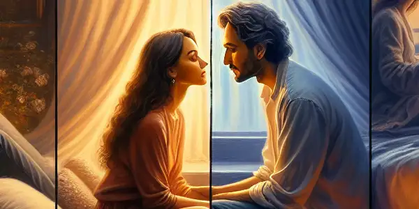 A triptych illustrating the emotional spectrum of adult relationships: romance, conflict, and everyday life.