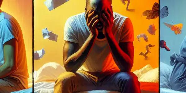 A triptych illustrating the emotional spectrum of adult relationships: romance, conflict, and everyday neutrality.