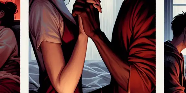 A triptych illustrating romance, tension, and everyday interactions in adult relationships through distinct emotional scenes.