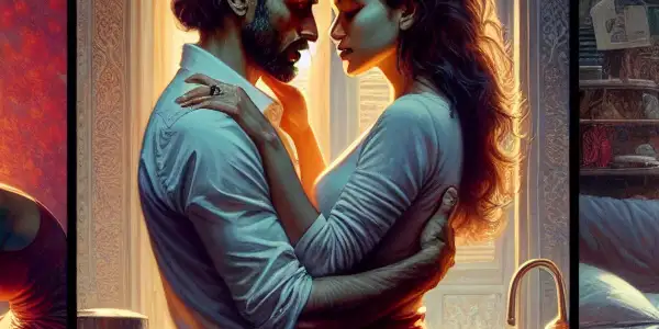 A triptych depicting the emotional spectrum of adult relationships: romance, conflict, and everyday life.