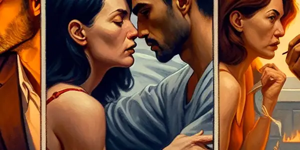 A triptych illustrating the emotional spectrum of adult relationships: romance, tension, and everyday interactions.