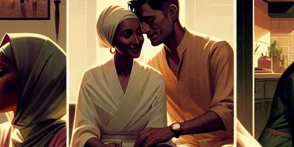 A triptych illustrating the emotional spectrum in adult relationships: love, conflict, and everyday life.