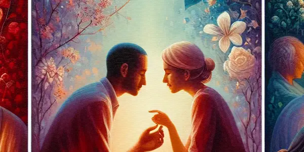 A triptych depicting the emotional spectrum of adult relationships: romance, conflict, and everyday interactions.