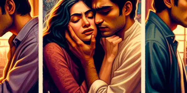 A triptych depicting the emotional spectrum of adult relationships: romance, tension, and everyday interactions.