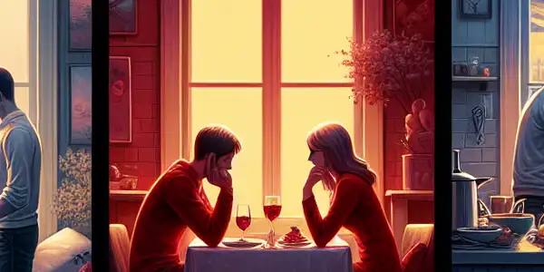 A triptych illustrating the emotional spectrum of adult relationships: romance, tension, and everyday interactions.