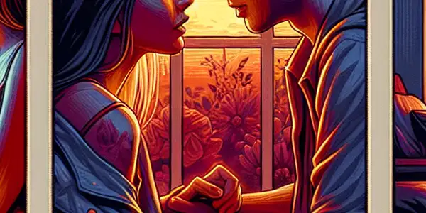 A triptych illustrating the emotional spectrum of adult relationships: romance, conflict, and everyday interactions.