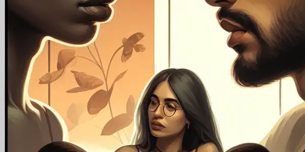 A triptych illustrating the emotional spectrum of adult relationships: love, conflict, and everyday moments.