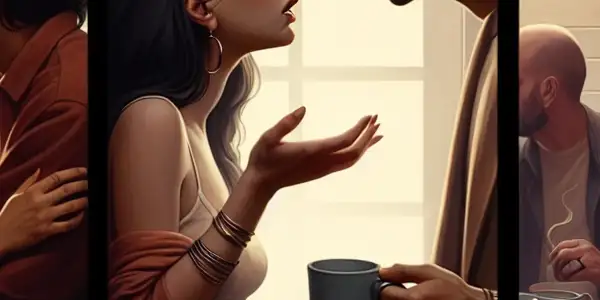 A triptych illustrating the emotional spectrum of adult relationships: romance, conflict, and everyday life.