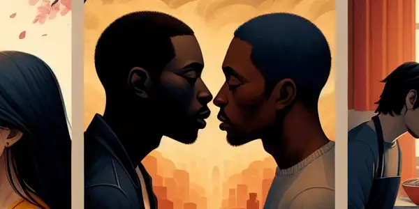 A triptych illustrating the emotional spectrum of adult relationships: romance, tension, and everyday interactions.