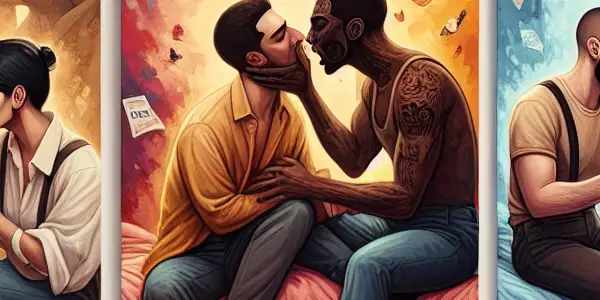 A triptych illustrating the emotional spectrum in adult relationships: romance, conflict, and everyday life.