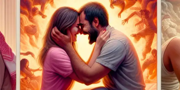 A triptych illustrating the emotional spectrum in adult relationships: romance, conflict, and everyday life.