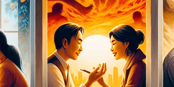 A triptych depicting the emotional spectrum of adult relationships: romance, conflict, and everyday interactions.