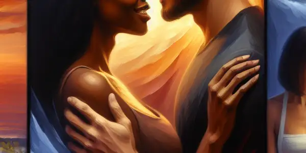 A triptych depicting the emotional journey of adult relationships: romance, conflict, and everyday companionship.