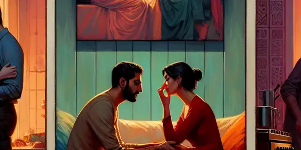 A triptych illustrating the emotional spectrum of adult relationships: romance, tension, and everyday interactions.